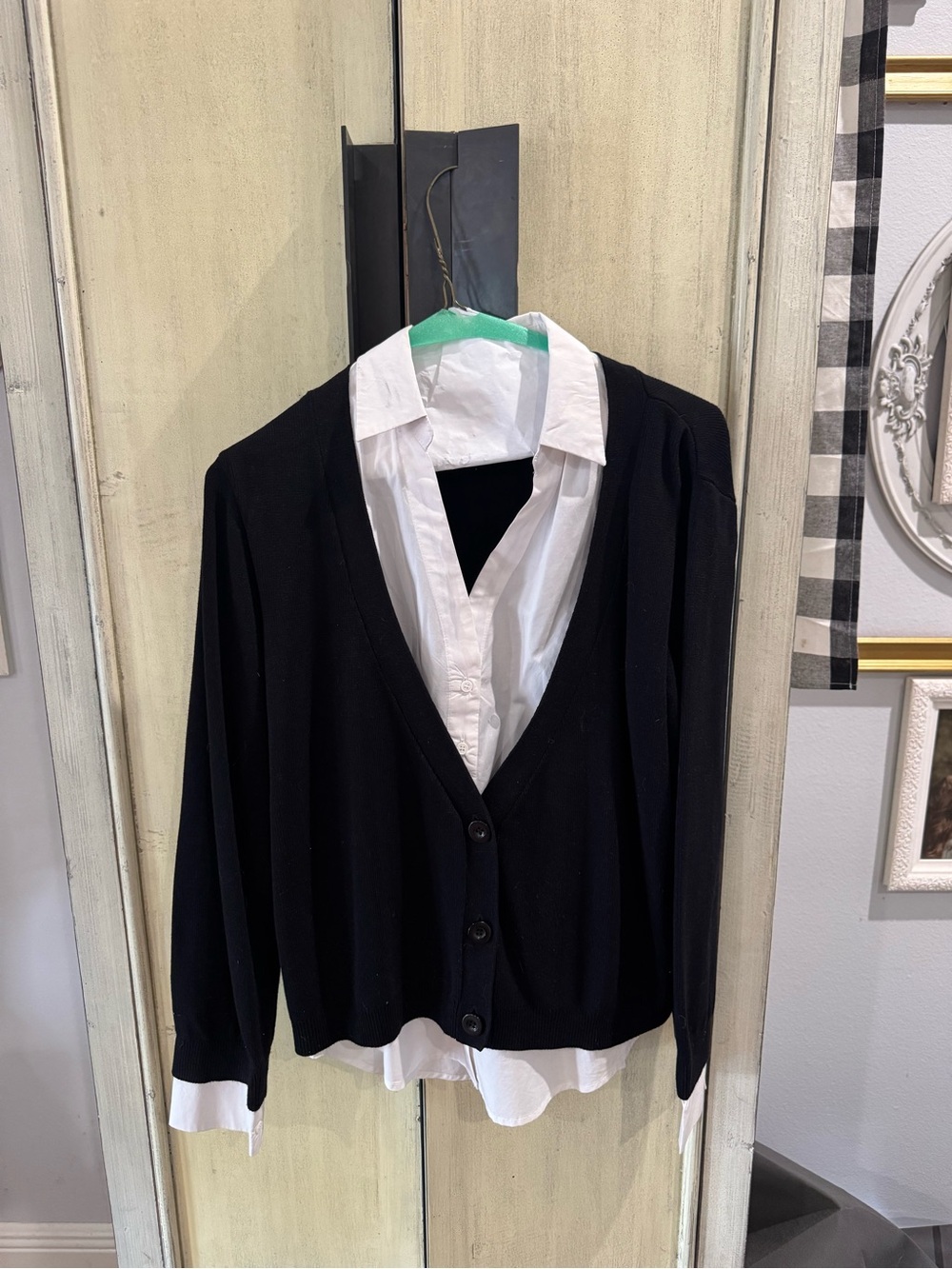 English Factory Black Cardigan with White Shirt Detail